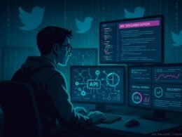 Techniker in dunklem Raum vor mehreren Monitoren mit API-Diagrammen, Social-Media-Analysen und verschlüsselten Datenströmen. Credit: 404 Magazine (Tobias Hager).