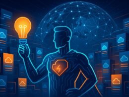 Futuristisches Rechenzentrum mit verteilten Cloud-Edge-Servern, digitaler Figur mit Glühbirne und globusförmiger Vernetzung im Hintergrund