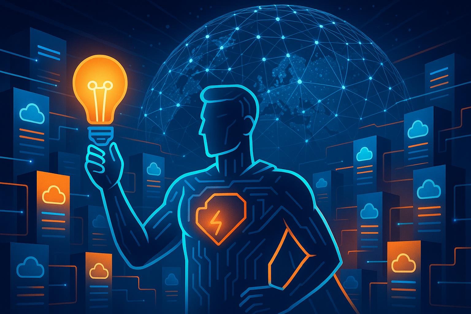 Futuristisches Rechenzentrum mit verteilten Cloud-Edge-Servern, digitaler Figur mit Glühbirne und globusförmiger Vernetzung im Hintergrund