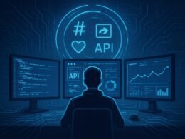 Arbeitsplatz mit Person vor Monitoren, holografischem Kreis mit Hashtags, Likes, Retweets und API-Icons, futuristische Datenströme und digitale Linien im Hintergrund