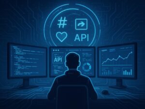 Arbeitsplatz mit Person vor Monitoren, holografischem Kreis mit Hashtags, Likes, Retweets und API-Icons, futuristische Datenströme und digitale Linien im Hintergrund