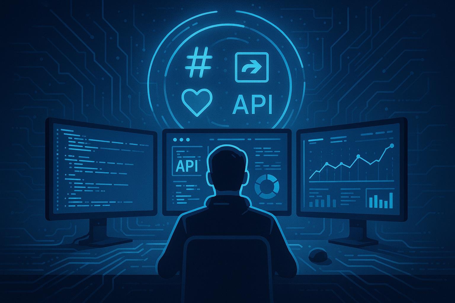 Arbeitsplatz mit Person vor Monitoren, holografischem Kreis mit Hashtags, Likes, Retweets und API-Icons, futuristische Datenströme und digitale Linien im Hintergrund