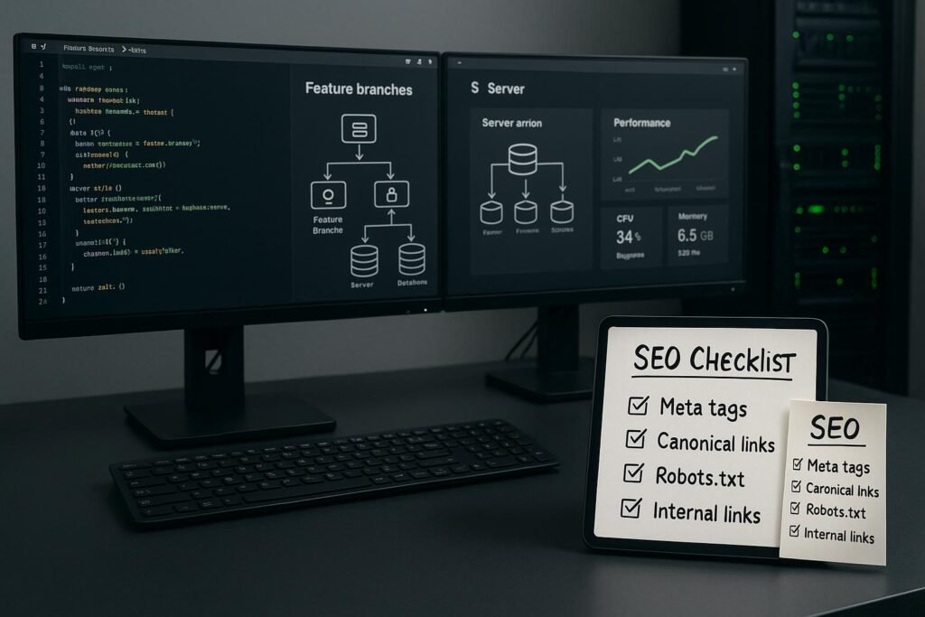 Moderner Arbeitsplatz eines Entwicklers mit Monitoren, Serverrack, Whiteboard mit SEO-Checkliste und Smartphone mit Leistungsdaten, im Hintergrund eine technische Infrastruktur