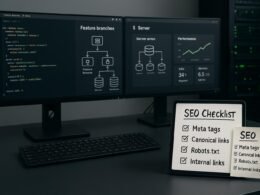 Moderner Arbeitsplatz eines Entwicklers mit Monitoren, Serverrack, Whiteboard mit SEO-Checkliste und Smartphone mit Leistungsdaten, im Hintergrund eine technische Infrastruktur