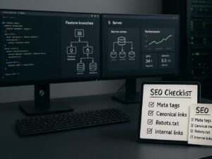 Moderner Arbeitsplatz eines Entwicklers mit Monitoren, Serverrack, Whiteboard mit SEO-Checkliste und Smartphone mit Leistungsdaten, im Hintergrund eine technische Infrastruktur