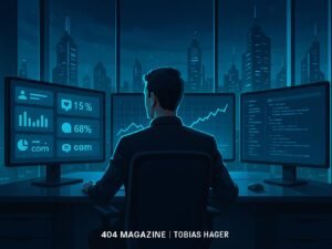 Moderner digitaler Arbeitsplatz mit mehreren Monitoren, Datenvisualisierungen und futuristischer Stadt im Hintergrund, beleuchtet von blauen und Neonlichtern.