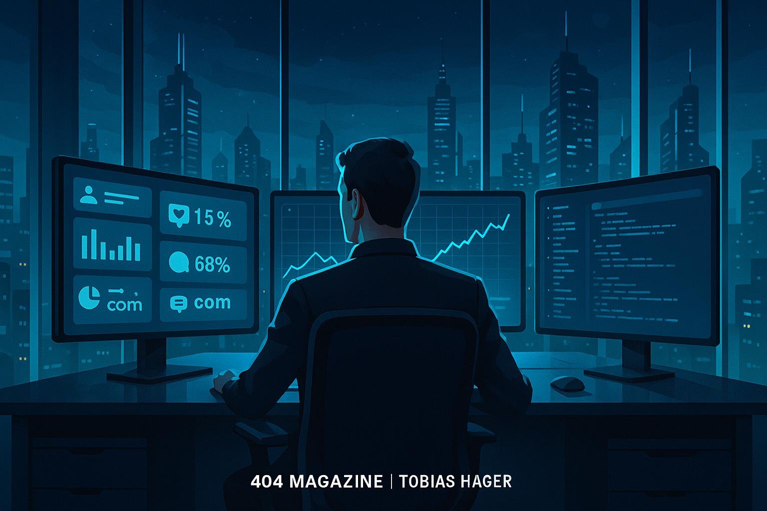 Moderner digitaler Arbeitsplatz mit mehreren Monitoren, Datenvisualisierungen und futuristischer Stadt im Hintergrund, beleuchtet von blauen und Neonlichtern.