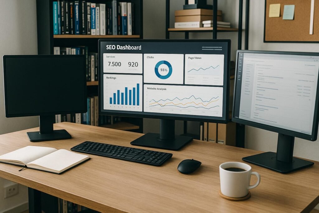Modernes Büro mit Monitoren displaying SEO-Dashboard, Notizbüchern, Kaffee und Bücherregalen im Hintergrund, vermittelt Effizienz und Technik-Expertise