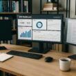 Modernes Büro mit Monitoren displaying SEO-Dashboard, Notizbüchern, Kaffee und Bücherregalen im Hintergrund, vermittelt Effizienz und Technik-Expertise