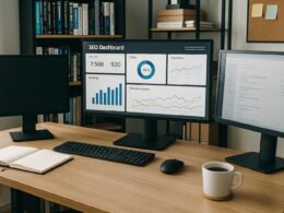 Modernes Büro mit Monitoren displaying SEO-Dashboard, Notizbüchern, Kaffee und Bücherregalen im Hintergrund, vermittelt Effizienz und Technik-Expertise
