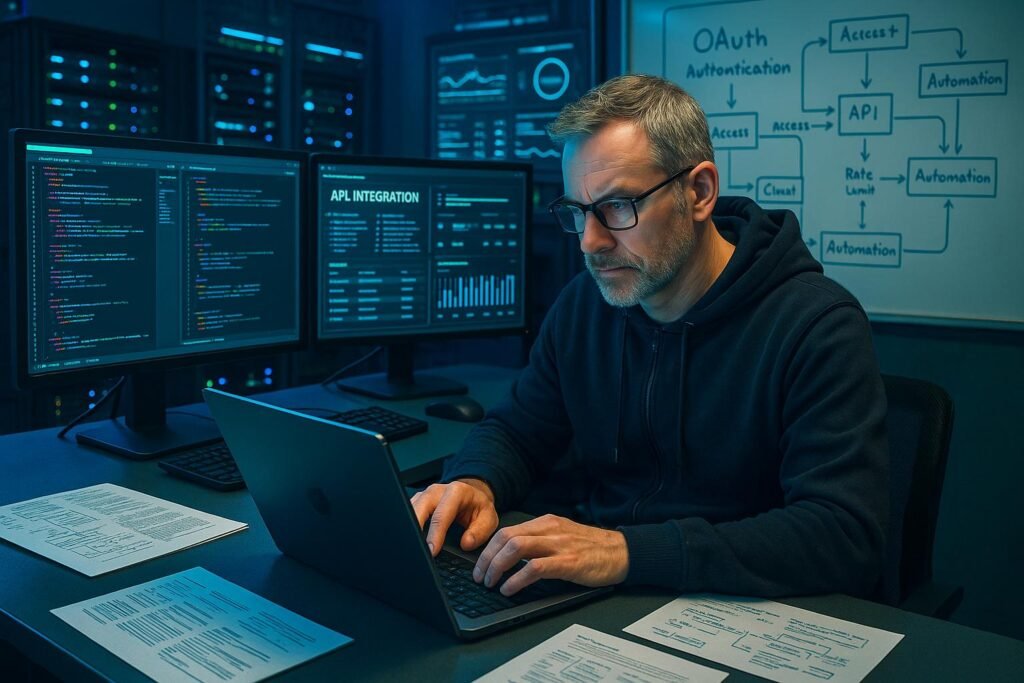 Moderne technische Arbeitsumgebung mit Entwickler, Monitoren, Server-Racks und Whiteboard mit Diagrammen zu OAuth, API-Limits und Automatisierung
