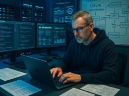 Moderne technische Arbeitsumgebung mit Entwickler, Monitoren, Server-Racks und Whiteboard mit Diagrammen zu OAuth, API-Limits und Automatisierung