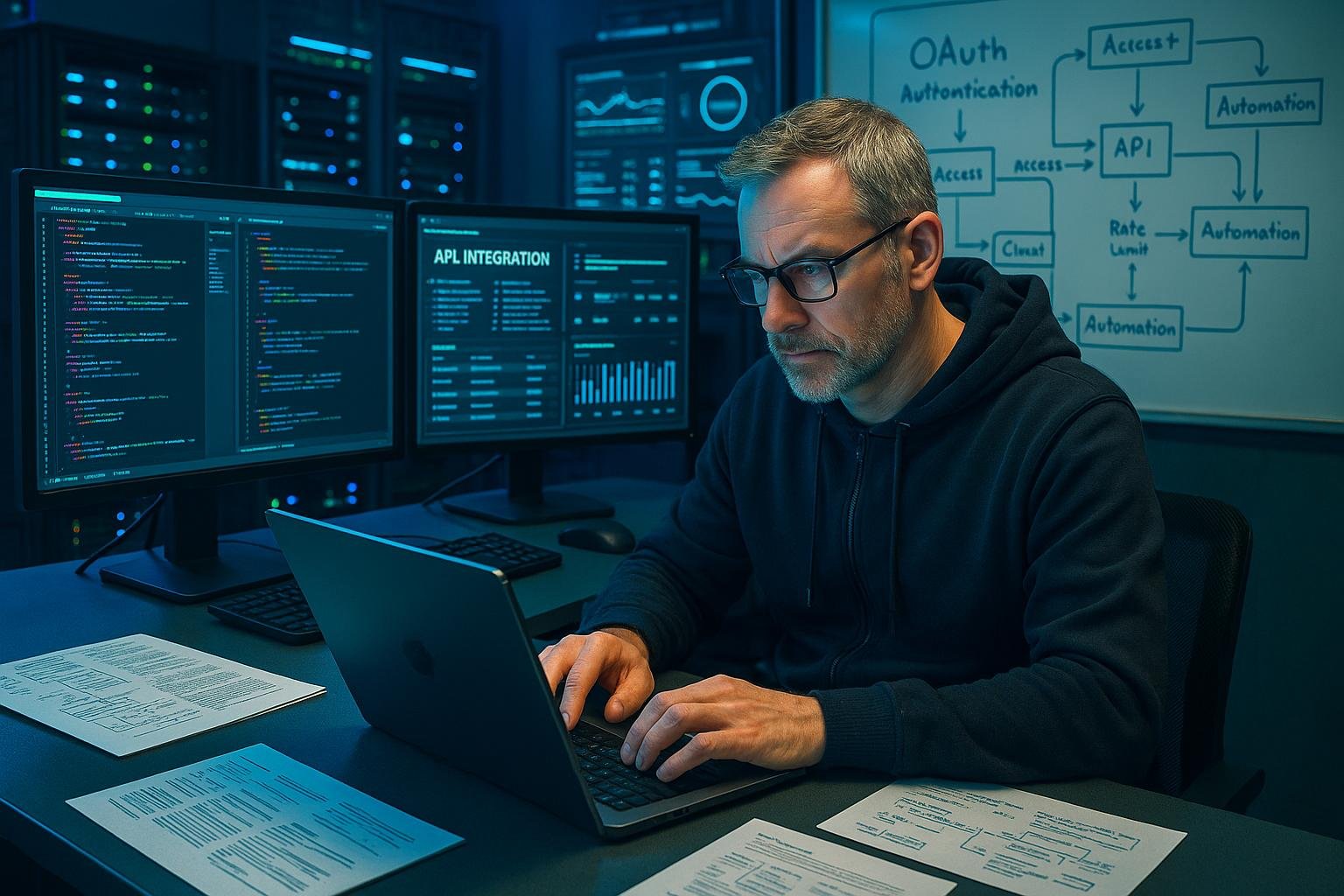 Moderne technische Arbeitsumgebung mit Entwickler, Monitoren, Server-Racks und Whiteboard mit Diagrammen zu OAuth, API-Limits und Automatisierung