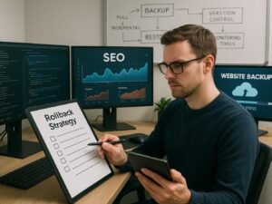 Ein SEO-Experte sitzt an einem modernen Schreibtisch mit mehreren Monitoren, überprüft eine Checkliste mit Fokus auf Backup- und Monitoring-Strategien, während eine Whiteboard-Notizen über Backup-Verfahren zeigt.