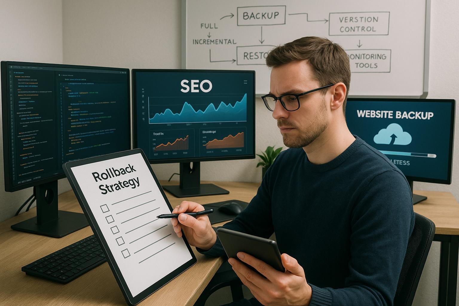 Ein SEO-Experte sitzt an einem modernen Schreibtisch mit mehreren Monitoren, überprüft eine Checkliste mit Fokus auf Backup- und Monitoring-Strategien, während eine Whiteboard-Notizen über Backup-Verfahren zeigt.
