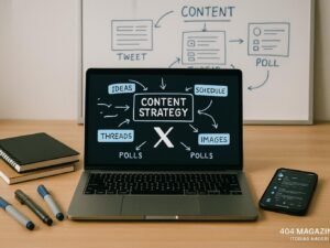 Laptop mit gezeichneter Content-Strategie für X, Notizbücher, Smartphone mit X-Feed, Marker und weiße Tafel mit Skizzen zu Tweets, Threads und Umfragen in einem modernen Arbeitssetting.