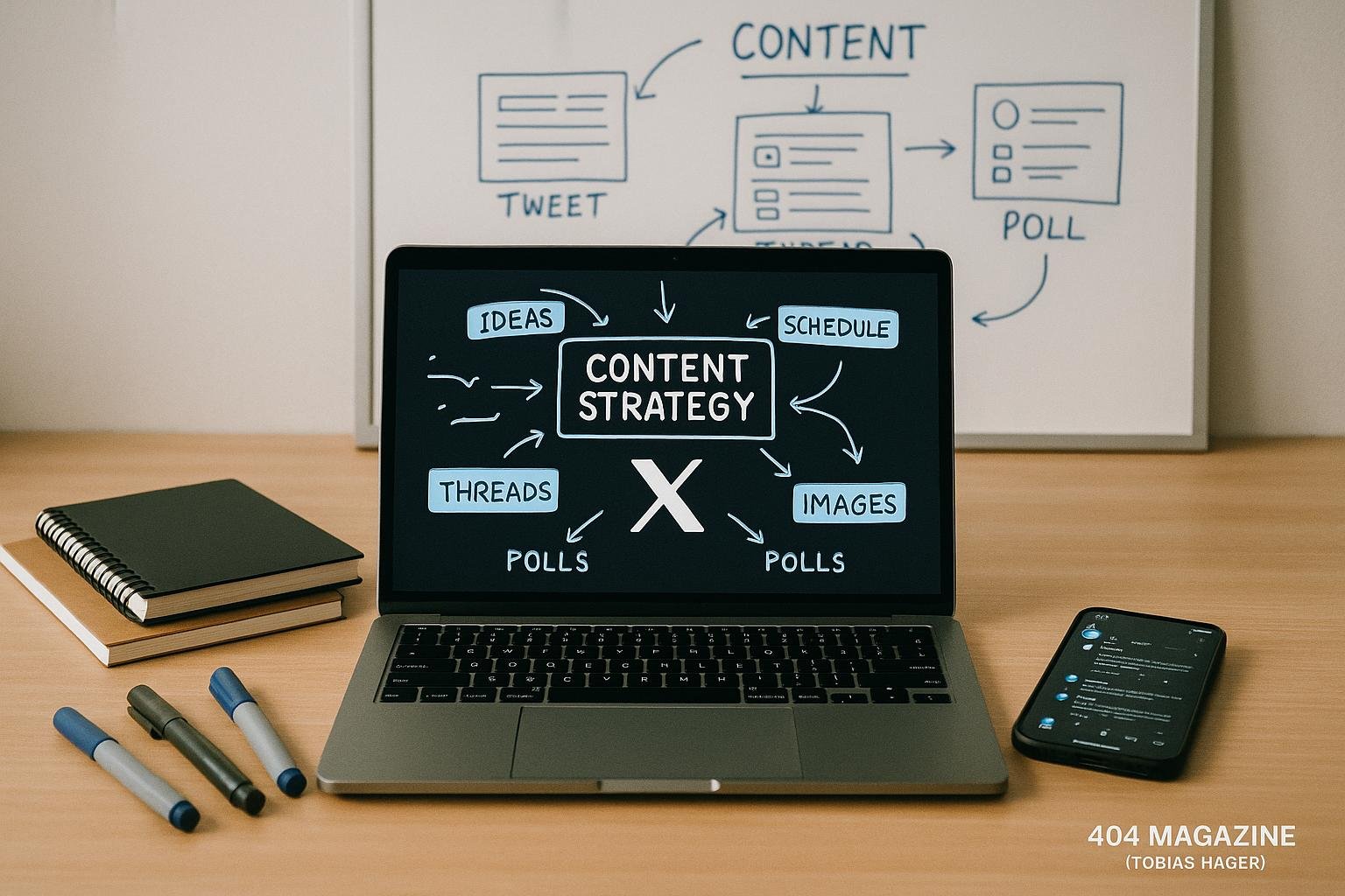Laptop mit gezeichneter Content-Strategie für X, Notizbücher, Smartphone mit X-Feed, Marker und weiße Tafel mit Skizzen zu Tweets, Threads und Umfragen in einem modernen Arbeitssetting.