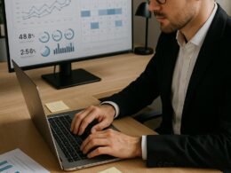 Person arbeitet an einem Laptop im modernen Business-Office, im Hintergrund sind Social-Media-Analysen und Content-Planungstools sichtbar, umgeben von digitalen Grafiken und Notizen