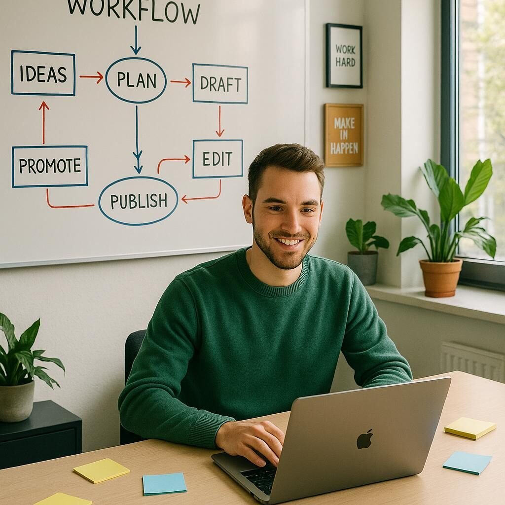 Modernes Büro mit Whiteboard, Social Media Manager bei der Arbeit, Notizzetteln, Smartphone und Pflanzen, inspirierende Poster, Tageslichtdurchflutet, effizient und kreativ