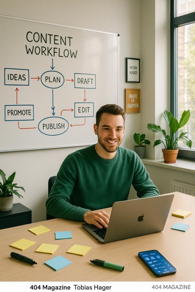 Modernes Büro mit Whiteboard, Social Media Manager bei der Arbeit, Notizzetteln, Smartphone und Pflanzen, inspirierende Poster, Tageslichtdurchflutet, effizient und kreativ