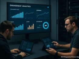 Hochmodernes Daten-Dashboard mit Balken-, Linien- und Kreisdiagrammen in einem technischen Raum, umgeben von Servern und Technikern, die Daten analysieren.