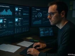 Ein Social Media Analyst vor Monitoren mit Daten, Diagrammen und Twitter-Profilen, der Ghost-Accounts erkennt, im dunklen Raum mit Arbeitsmaterialien im Hintergrund. Credit: 404 Magazine (Tobias Hager)