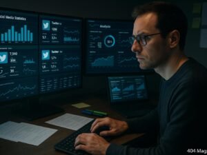 Ein Social Media Analyst vor Monitoren mit Daten, Diagrammen und Twitter-Profilen, der Ghost-Accounts erkennt, im dunklen Raum mit Arbeitsmaterialien im Hintergrund. Credit: 404 Magazine (Tobias Hager)