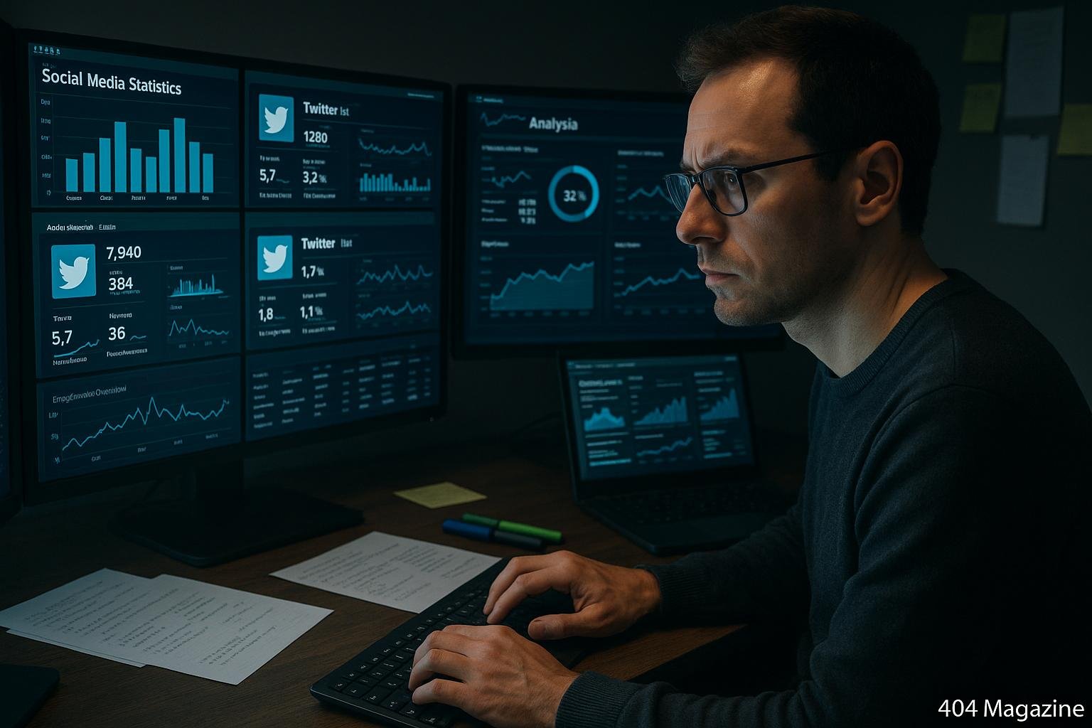 Ein Social Media Analyst vor Monitoren mit Daten, Diagrammen und Twitter-Profilen, der Ghost-Accounts erkennt, im dunklen Raum mit Arbeitsmaterialien im Hintergrund. Credit: 404 Magazine (Tobias Hager)