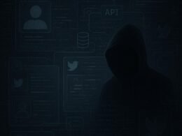 Dunkle digitale Szene mit geisterhaften Twitter-Profilen, Code, Netzwerksymbole und einer bedrohlichen Figur, die Manipulation and Kontrolle darstellt.