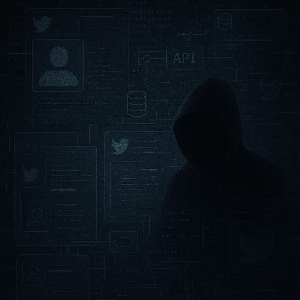 Dunkle digitale Szene mit geisterhaften Twitter-Profilen, Code, Netzwerksymbole und einer bedrohlichen Figur, die Manipulation and Kontrolle darstellt.