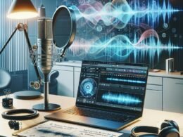 Modernes Studio-Setup mit Laptop, Mikrofon, digitalen Audio-Wellen und Notizen zu Sprachdesigns, das Innovation in der KI-gesteuerten Sprachproduktion zeigt.