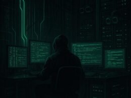 Dunkler Raum mit fluoreszierenden Linien, Monitoren und Server-Racks, Person in dunkler Kleidung überwacht komplexe digitale Signale, Atmosphäre des digitalen Schattenhandels, Credit: 404 Magazine (Tobias Hager)