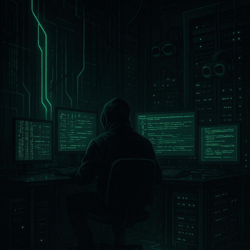 Dunkler Raum mit fluoreszierenden Linien, Monitoren und Server-Racks, Person in dunkler Kleidung überwacht komplexe digitale Signale, Atmosphäre des digitalen Schattenhandels, Credit: 404 Magazine (Tobias Hager)