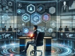 Futuristisches Büro mit holografischer Benutzeroberfläche, Datenvisualisierung und KI-Assistenz, menschlicher Marketingprofi interagiert mit digitaler Umgebung