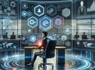 Futuristisches Büro mit holografischer Benutzeroberfläche, Datenvisualisierung und KI-Assistenz, menschlicher Marketingprofi interagiert mit digitaler Umgebung