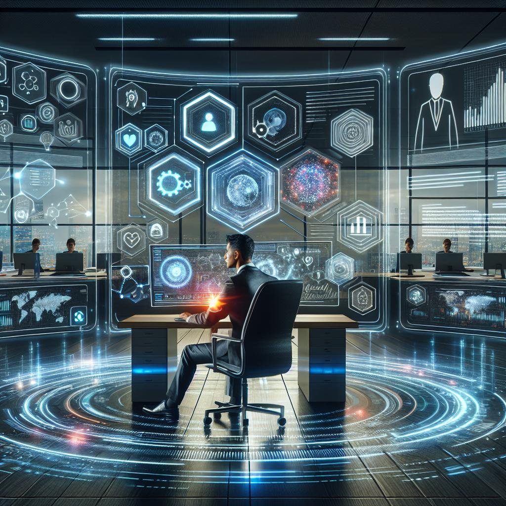 Futuristisches Büro mit holografischer Benutzeroberfläche, Datenvisualisierung und KI-Assistenz, menschlicher Marketingprofi interagiert mit digitaler Umgebung