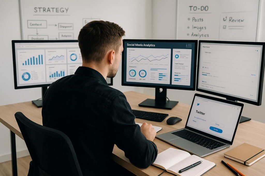 Dynamisches modernes Workspace-Bild eines Social-Media-Managers vor mehreren Monitoren mit Charts, Twitter-Entwürfen und Whiteboards, das Fokus und Strategie bei Twitter-Hooks vermittelt. Credit: 404 Magazine (Tobias Hager)