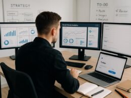 Dynamisches modernes Workspace-Bild eines Social-Media-Managers vor mehreren Monitoren mit Charts, Twitter-Entwürfen und Whiteboards, das Fokus und Strategie bei Twitter-Hooks vermittelt. Credit: 404 Magazine (Tobias Hager)