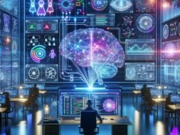 Moderne Arbeitsumgebung mit transparenter Anzeige von neuronalen Netzwerken, holographischen Codeprojektionen und einem Datenwissenschaftler, der Daten analysiert.