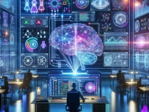 Moderne Arbeitsumgebung mit transparenter Anzeige von neuronalen Netzwerken, holographischen Codeprojektionen und einem Datenwissenschaftler, der Daten analysiert.