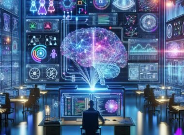 Moderne Arbeitsumgebung mit transparenter Anzeige von neuronalen Netzwerken, holographischen Codeprojektionen und einem Datenwissenschaftler, der Daten analysiert.