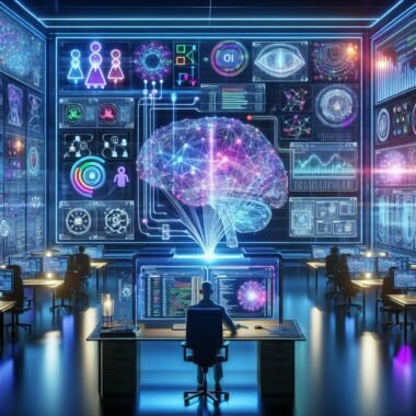 Moderne Arbeitsumgebung mit transparenter Anzeige von neuronalen Netzwerken, holographischen Codeprojektionen und einem Datenwissenschaftler, der Daten analysiert.