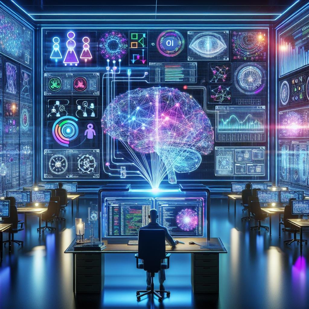 Moderne Arbeitsumgebung mit transparenter Anzeige von neuronalen Netzwerken, holographischen Codeprojektionen und einem Datenwissenschaftler, der Daten analysiert.