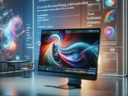 Futuristischer digitaler Arbeitsplatz mit Bildschirm, der bunte, abstrakte KI-generierte Kunst zeigt, umgeben von holographischen Schnittstellen in einem minimalistischen Büro.