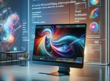 Futuristischer digitaler Arbeitsplatz mit Bildschirm, der bunte, abstrakte KI-generierte Kunst zeigt, umgeben von holographischen Schnittstellen in einem minimalistischen Büro.