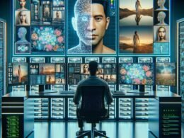 Futuristische Arbeitsstation mit mehreren Monitoren, holografischer Datenanzeige und Serverrack in einem modernen Büro, symbolisiert KI-basierte Bildverbesserung