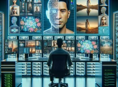 Futuristische Arbeitsstation mit mehreren Monitoren, holografischer Datenanzeige und Serverrack in einem modernen Büro, symbolisiert KI-basierte Bildverbesserung