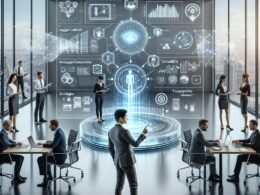 Dynamisches futuristisches Büro mit professionellen Teams, interaktiven digitalen Schnittstellen, holografischen Prognosen und Edge-Computing-Geräten, das Innovation und Automatisierung betont.