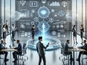 Dynamisches futuristisches Büro mit professionellen Teams, interaktiven digitalen Schnittstellen, holografischen Prognosen und Edge-Computing-Geräten, das Innovation und Automatisierung betont.