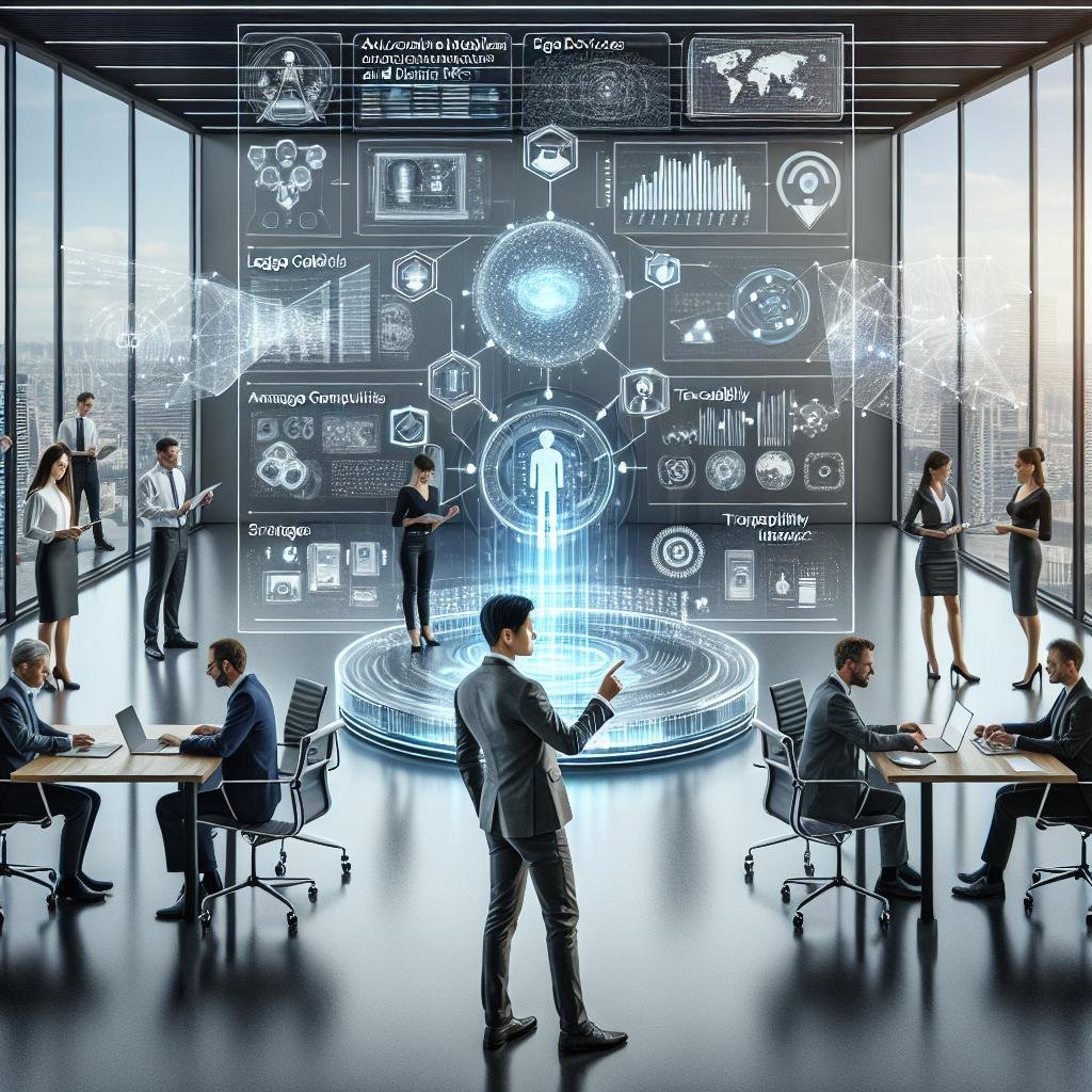 Dynamisches futuristisches Büro mit professionellen Teams, interaktiven digitalen Schnittstellen, holografischen Prognosen und Edge-Computing-Geräten, das Innovation und Automatisierung betont.